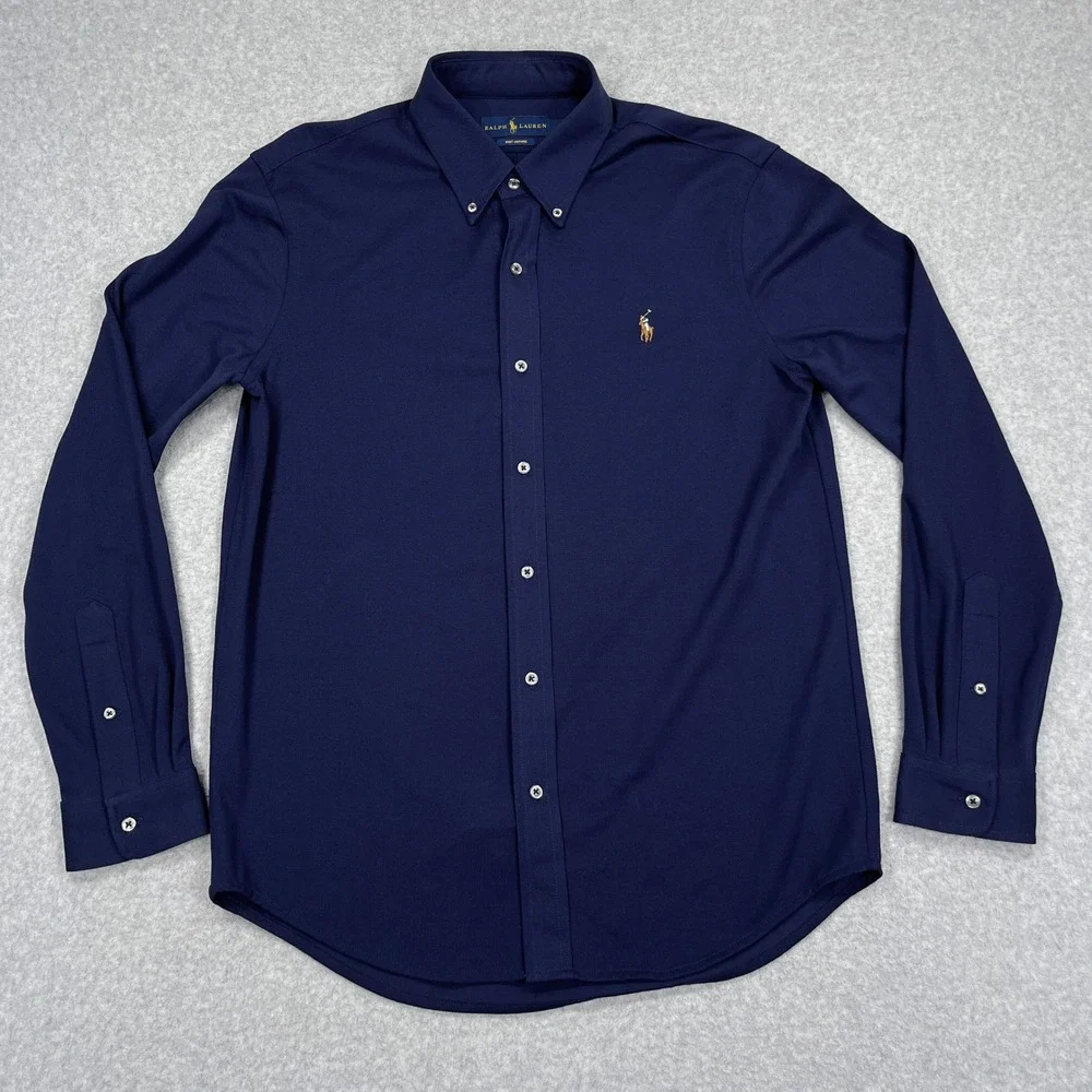Ralph Lauren Knit Oxford Shirt Mens Large Navy Blue Stretch Flesh Pony Cotton - Picture 2 of 12